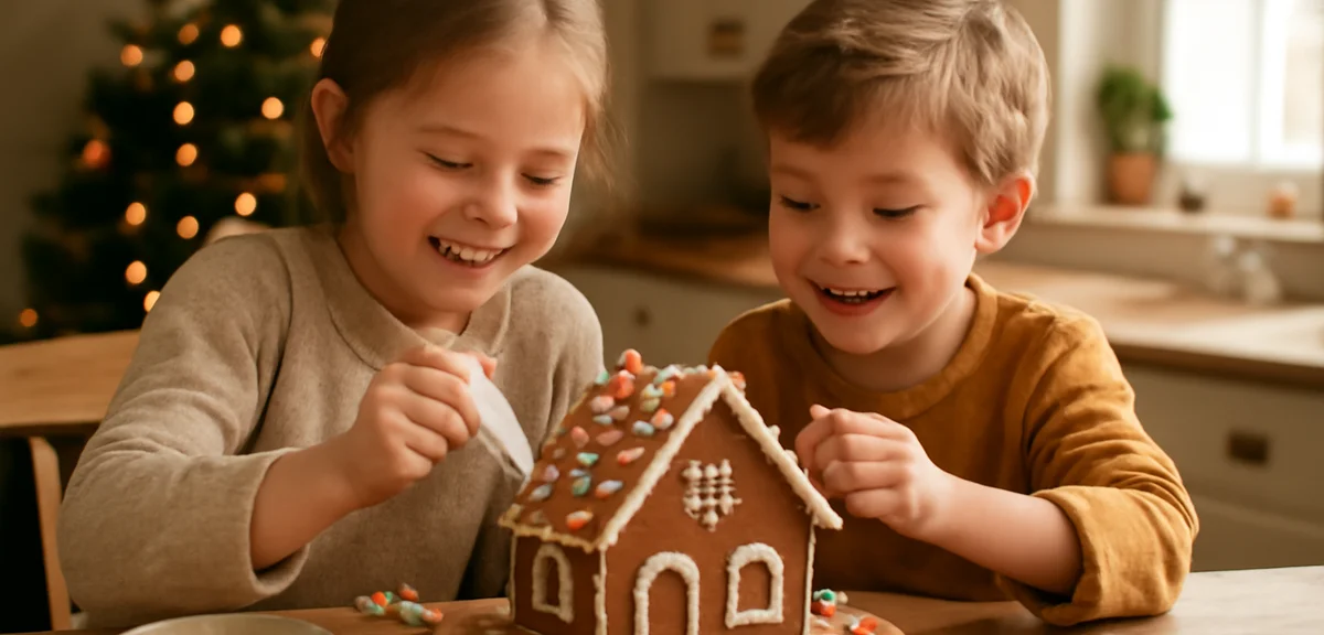 Children with happy expressions decorating a chocolate gingerbread house at a kitchen table, surroun