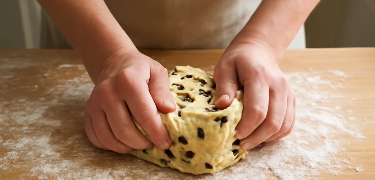 Hands kneading scone dough on a floured wooden surface, chocolate chips visible in dough, baker's ap
