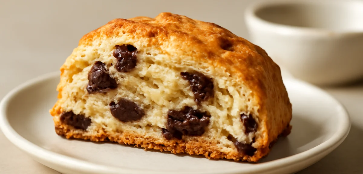 Cross section of a chocolate chip scone showing flaky layers and gooey chocolate chunks inside, plat