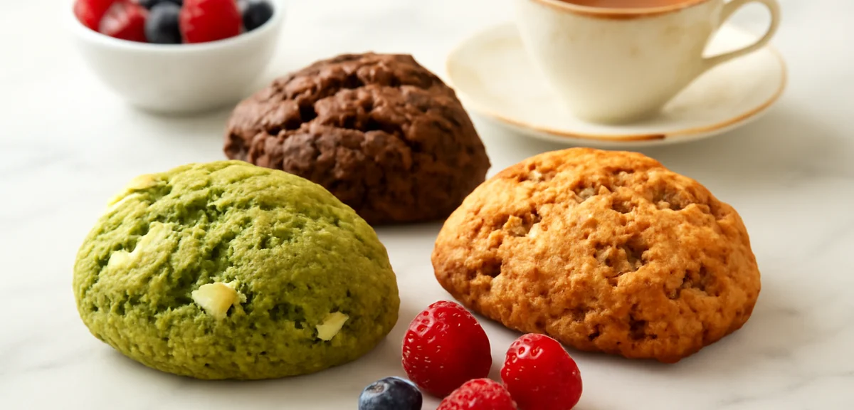 Variety of chocolate scones on a white marble countertop including matcha white chocolate, double ch