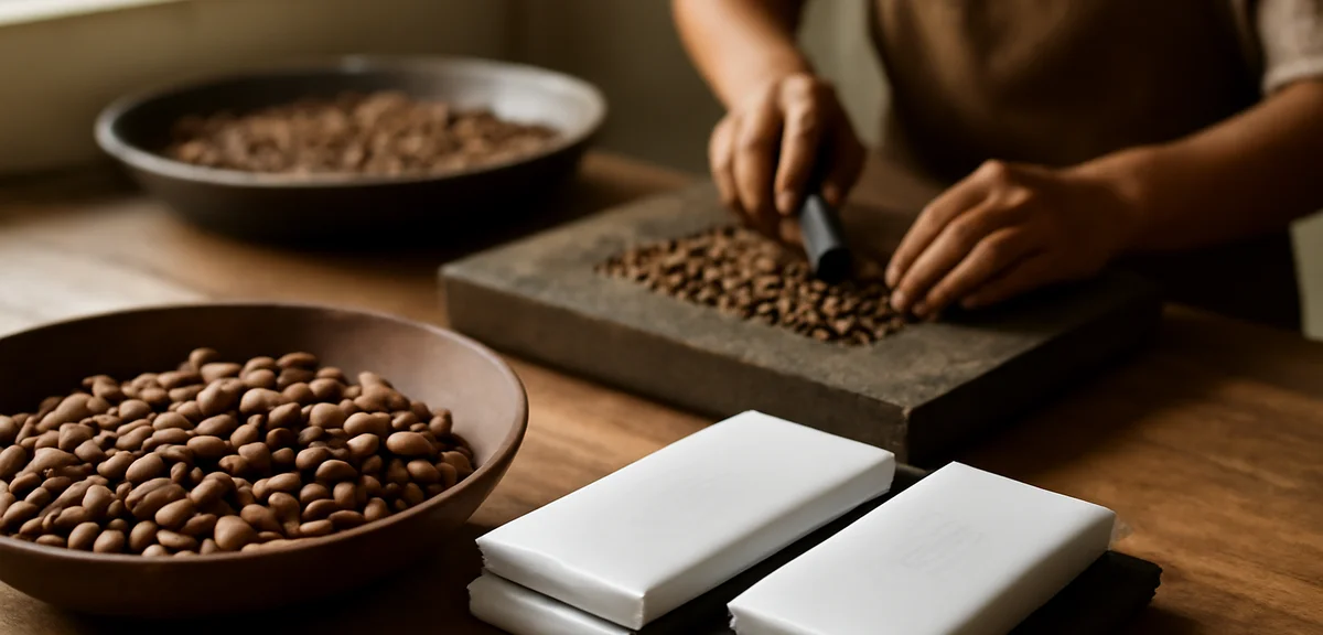Artisan bean to bar chocolate making process in a Hawaiian craft chocolate workshop, raw cacao beans