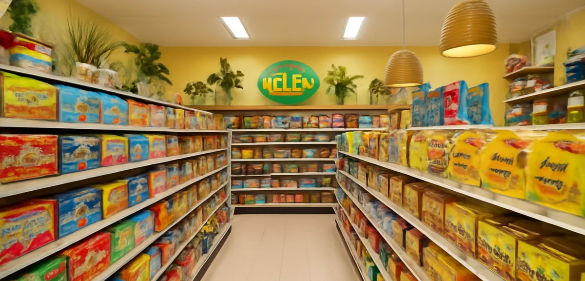 Interior of a Hawaiian convenience store and souvenir shop with shelves full of colorful chocolate b