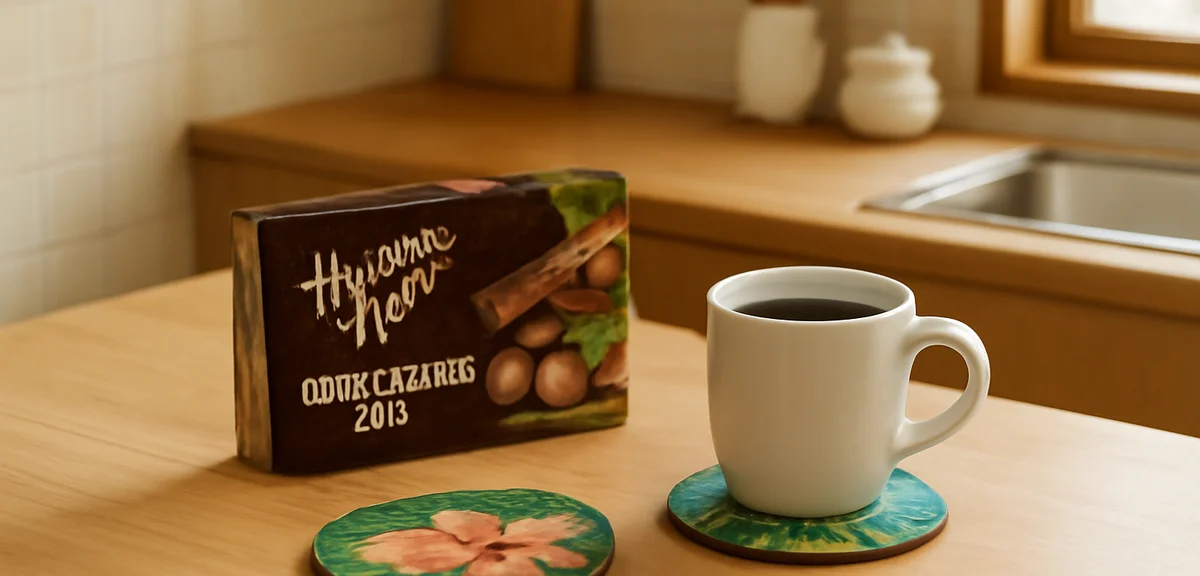 A cozy Japanese kitchen counter with Hawaiian macadamia chocolate boxes, a cup of coffee, and tropic