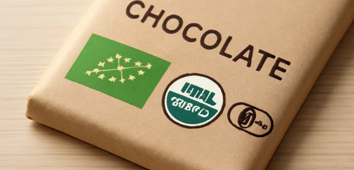 Close-up of organic chocolate packaging showing certification labels and seals, EU green leaf logo, 