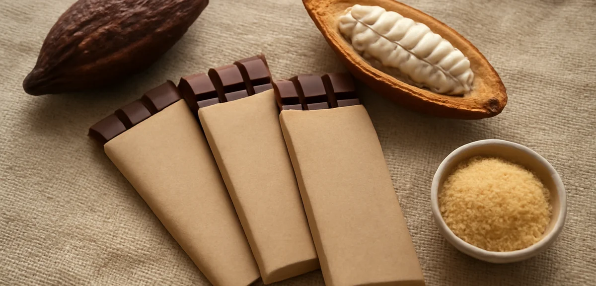 Assorted organic chocolate bars in eco-friendly paper packaging, raw cacao pods, organic sugar, hemp