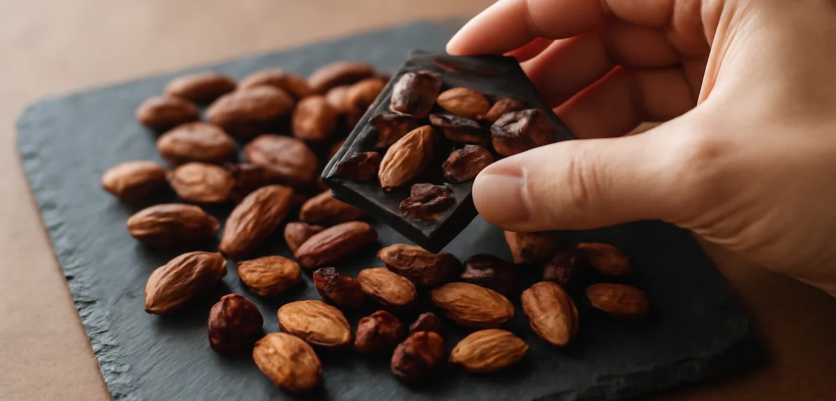 Hand holding organic dark chocolate piece with raw cacao beans, dried fruit, and almonds on slate pl