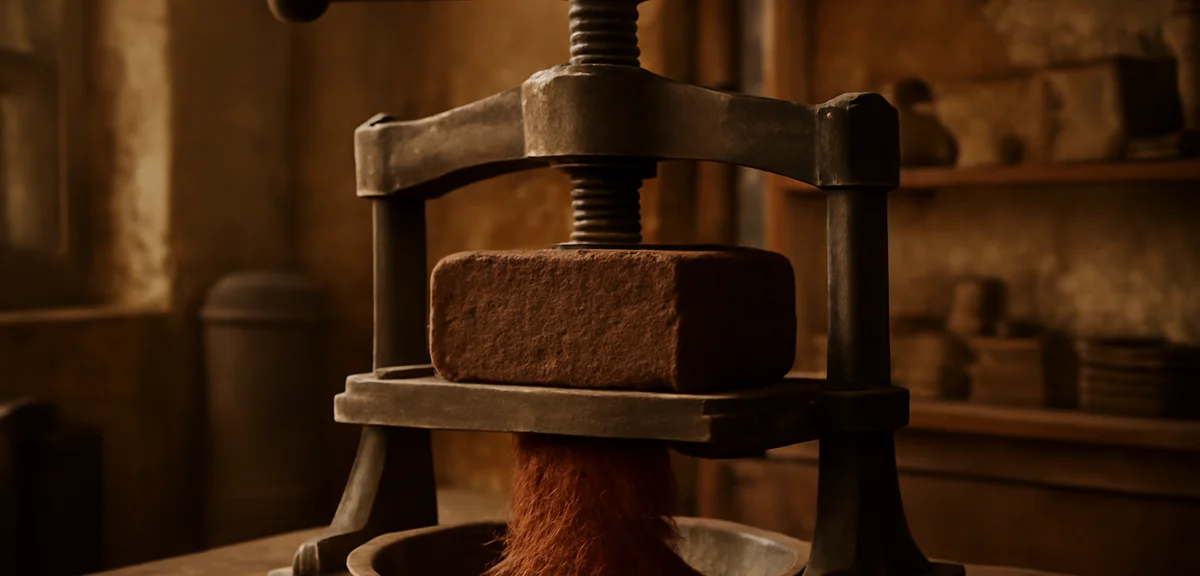 Antique hydraulic cocoa press with a block of cacao mass, cocoa powder falling into a bowl, 19th cen