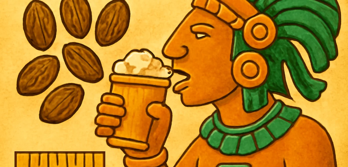 Aztec-inspired illustration of cacao beans used as currency and a ruler drinking frothy chocolate fr