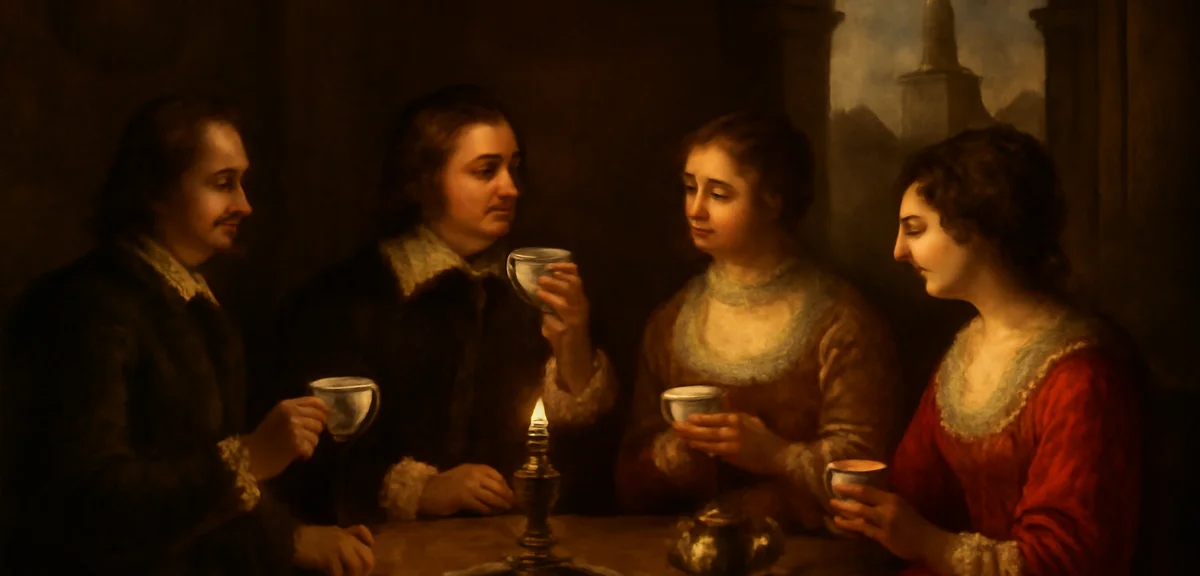17th century Spanish court scene, aristocrats drinking chocolate from delicate cups, monastery in th