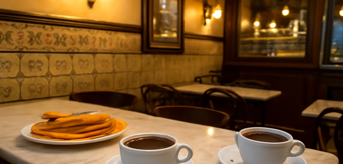Traditional Spanish chocolateria interior, marble tables, plates of churros and thick hot chocolate,