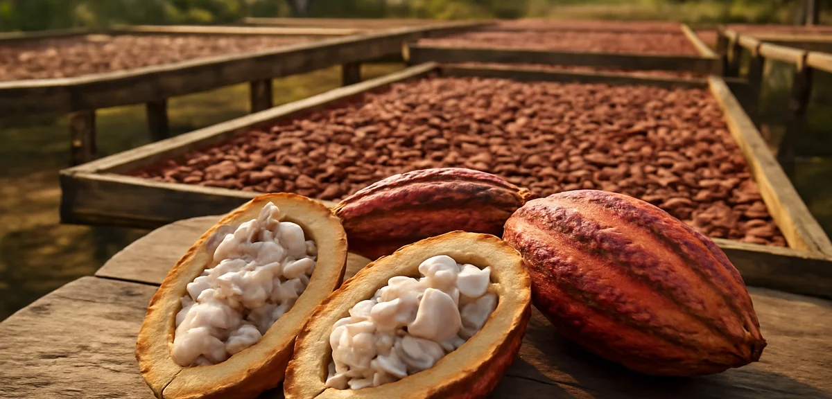 Freshly harvested cacao pods split open showing white pulp and beans, drying cacao beans on wooden r