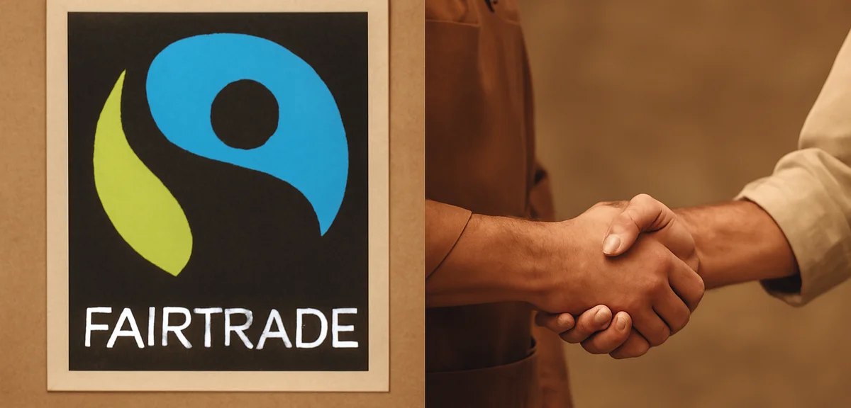 Comparison concept image, fair trade certification label on one side and a direct handshake between 