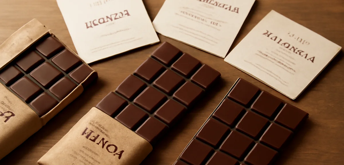 Premium bean to bar chocolate bars with origin information cards, single origin tasting setup, artis