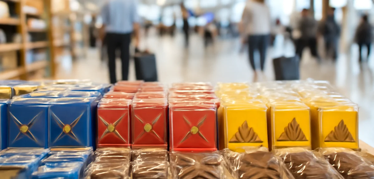Neatly arranged individually wrapped chocolate souvenirs in an airport shop, colorful boxes, travele