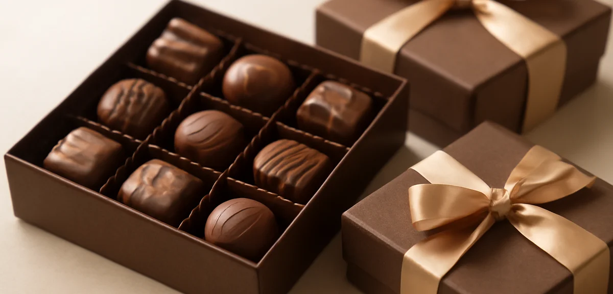 A selection of premium boxed chocolates as travel gifts on a clean surface, ribbon-wrapped boxes, wa