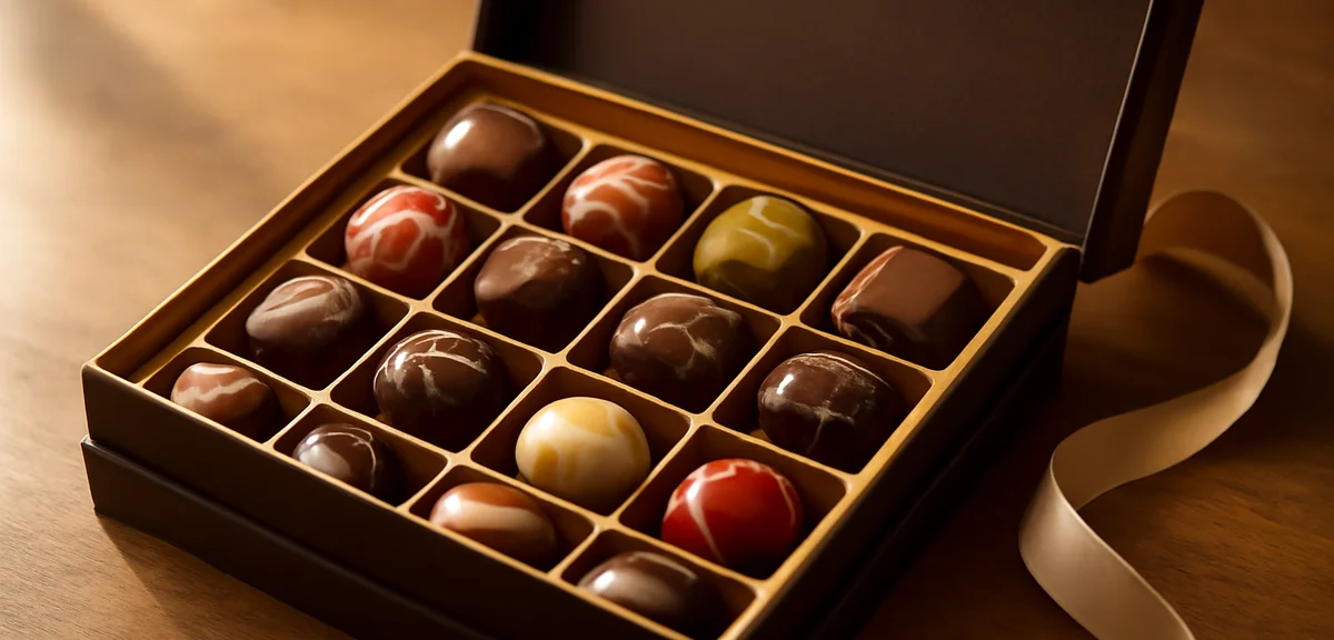 Assorted chocolate gift box opened to reveal colorful pralines arranged in rows, elegant presentatio