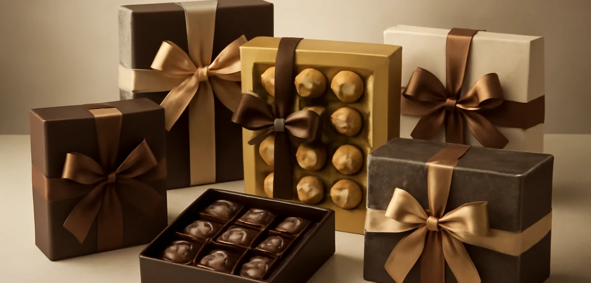 Comparison of several assorted chocolate gift boxes of different sizes and brands, elegant retail di