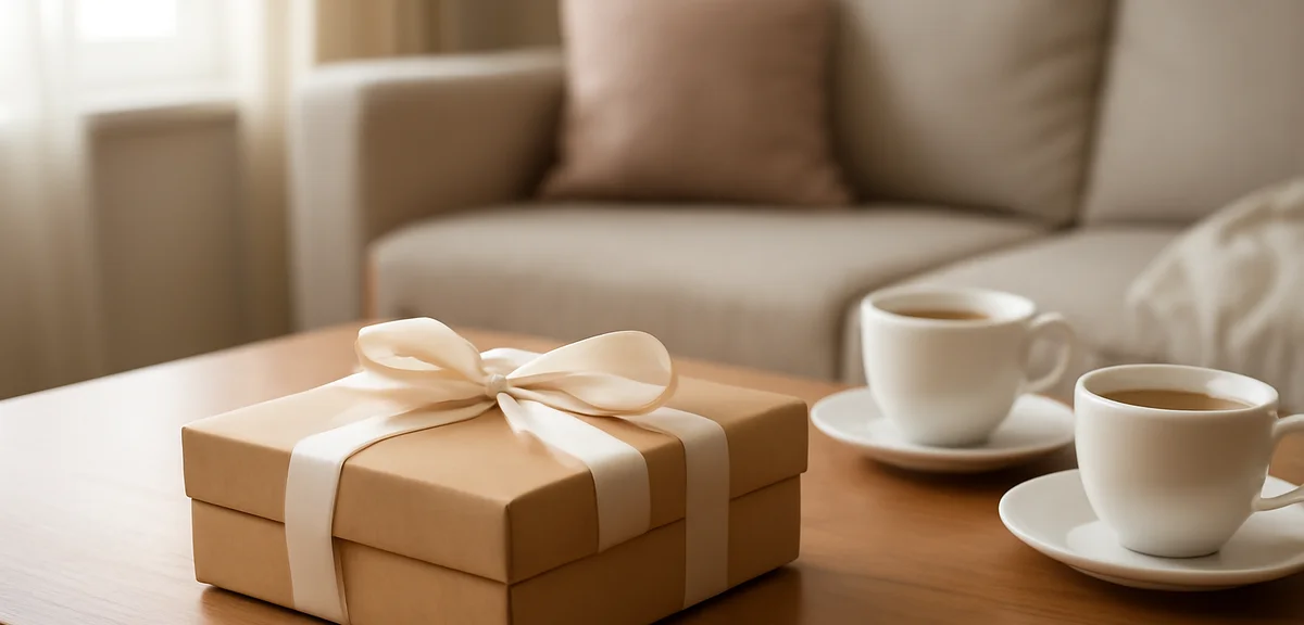 A tastefully wrapped box of chocolates placed on a table at a home visit, cups of tea nearby, warm a