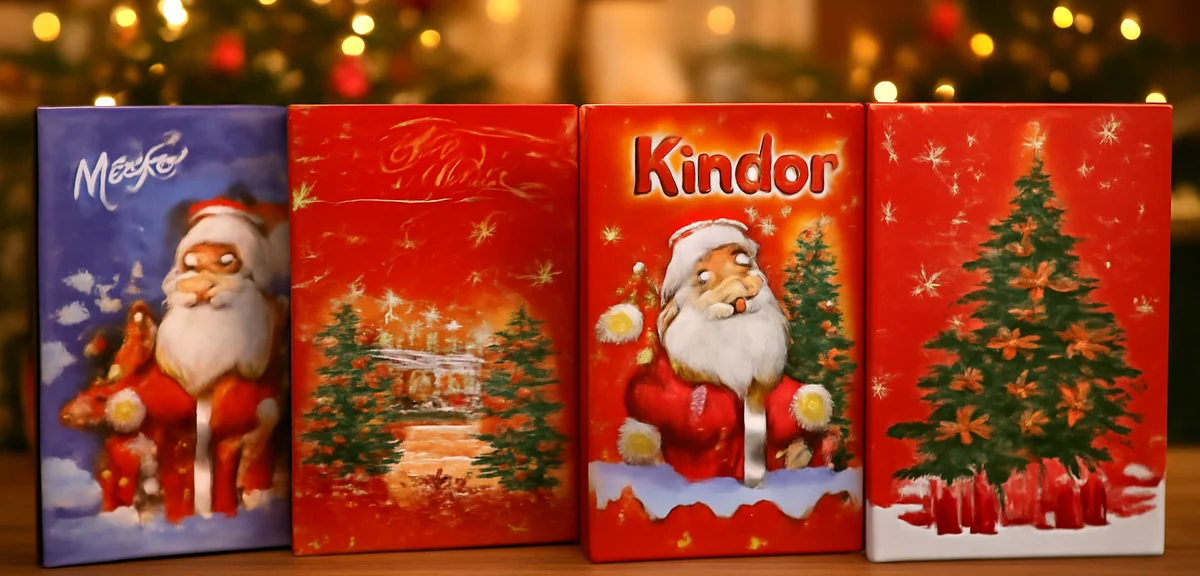Several chocolate advent calendars from different brands displayed side by side, festive holiday ret