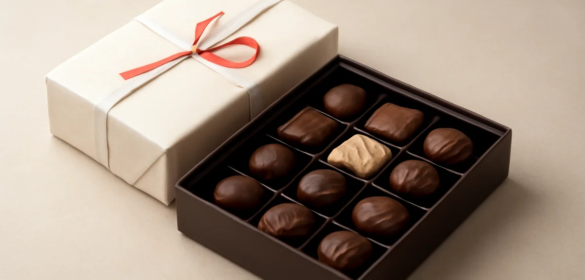 Elegant assorted chocolate box prepared as a formal return gift with noshi wrapping, neutral refined