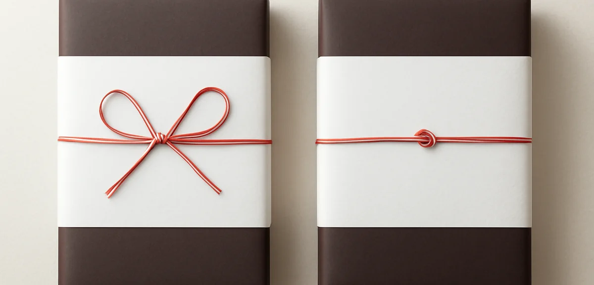 Comparison of two formal noshi wrappings, butterfly knot and once-tied knot styles, on elegant choco