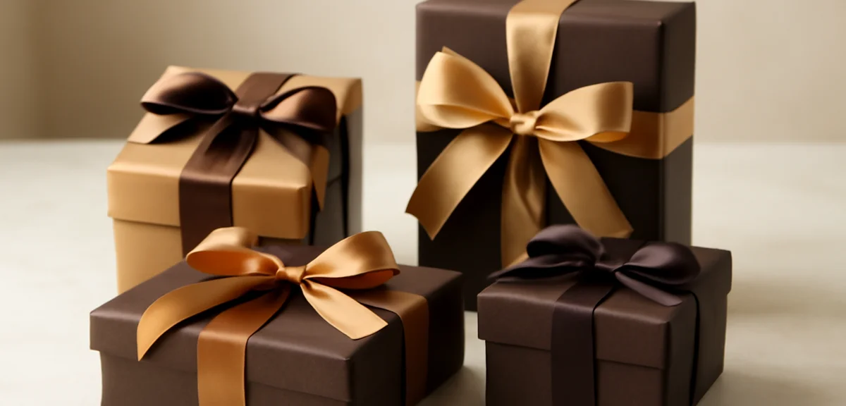 Various chocolate gift boxes with ribbons displayed elegantly, different sizes and styles for differ