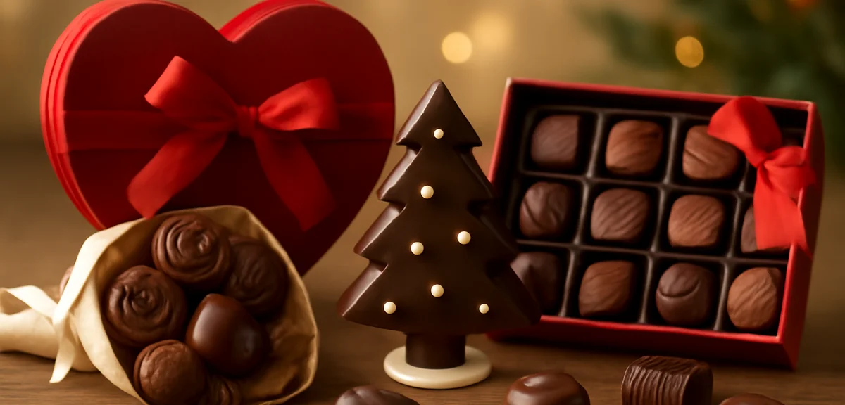 Seasonal chocolate gifts for various occasions like Valentine, Christmas and Mother's Day arranged t
