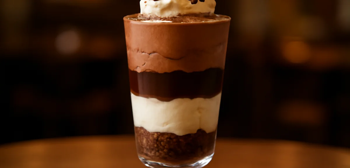 Cross-section view of a chocolate parfait showing distinct layers of mousse, ganache, ice cream and 