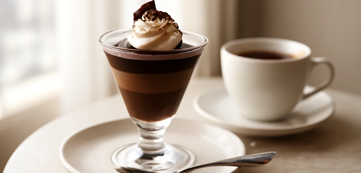 Elegant chocolate parfait served at a stylish cafe table with a spoon, coffee beside it, sophisticat