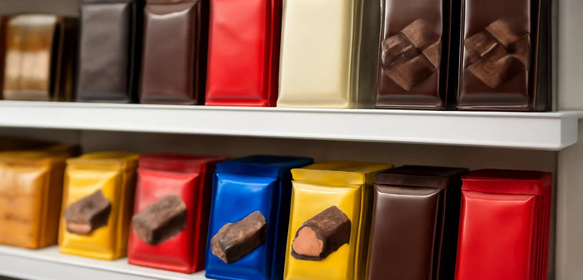 Neatly arranged convenience store chocolate sweets and bars on a clean shelf, appealing packaged des