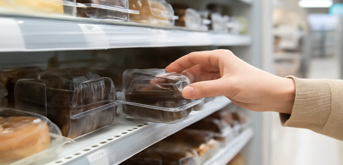 A person choosing chocolate sweets at a convenience store dessert shelf, hand reaching for a package