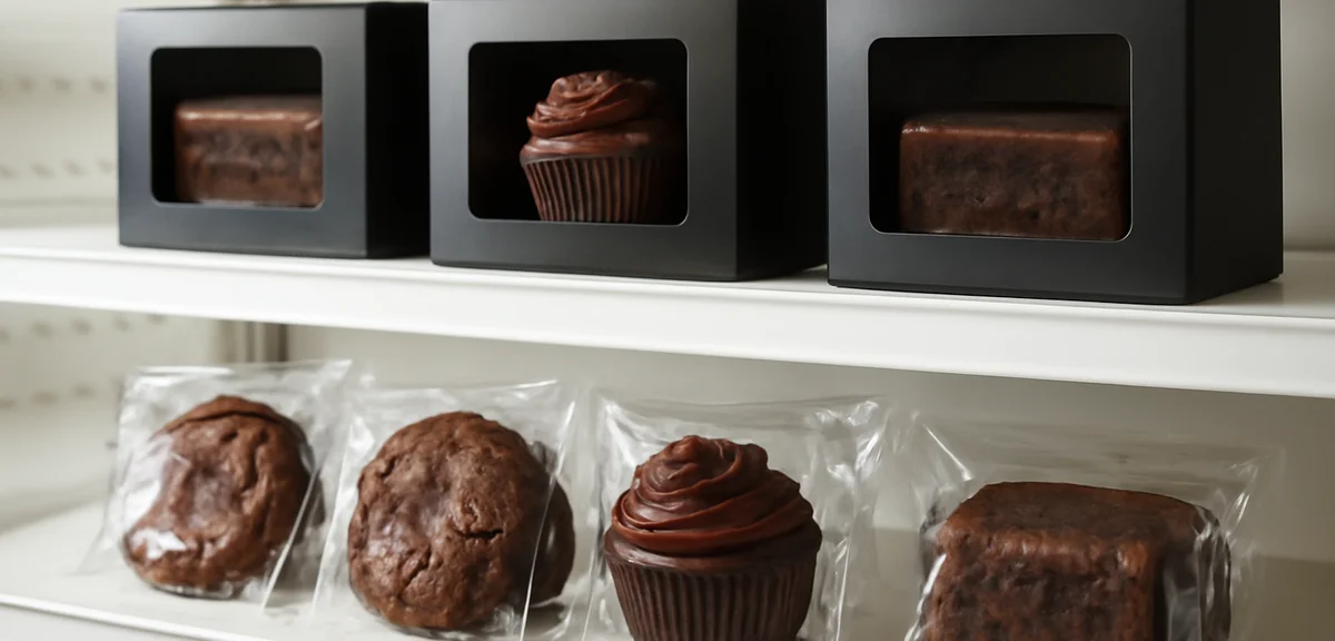 Premium convenience store chocolate desserts displayed on clean shelving, boxed and individually wra