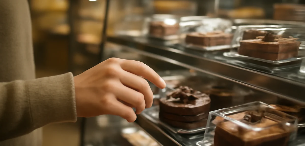 Someone selecting a premium chocolate dessert at a convenience store, hand reaching toward the shelf