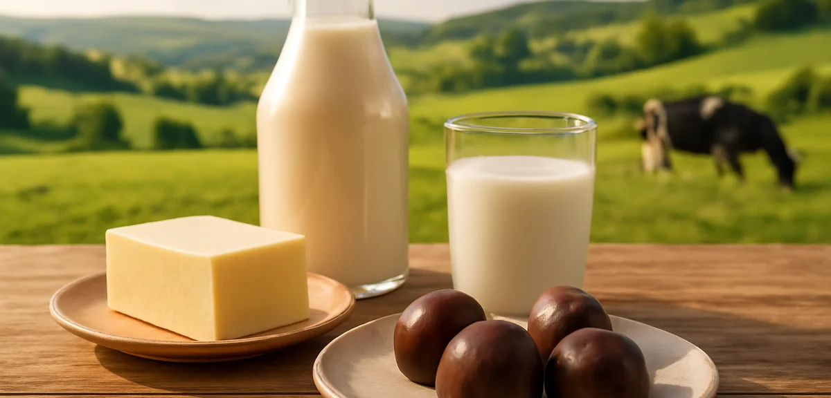 Rich Hokkaido dairy landscape with fresh milk and butter alongside creamy chocolate sweets, northern