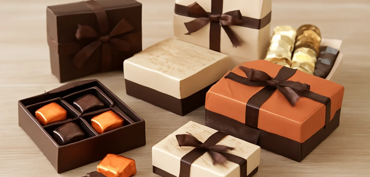 Assorted Hokkaido chocolate gift boxes and individually wrapped sweets arranged as souvenirs, elegan