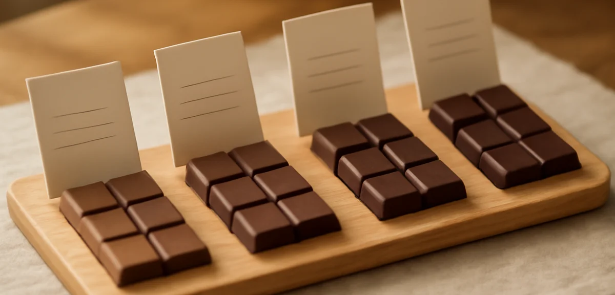 A tasting flight of different chocolate types arranged from milk to dark, with tasting notes cards, 