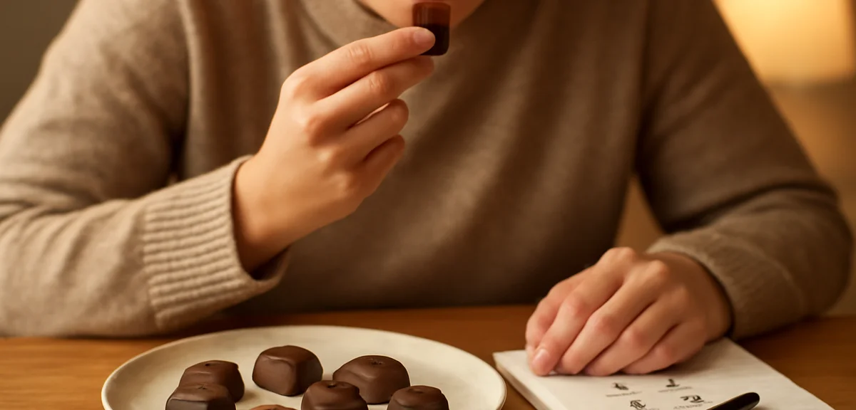 A person comparing and tasting several chocolates thoughtfully, notebook with ratings nearby, cozy t