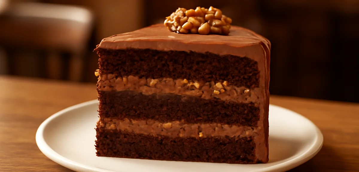 A slice of classic three-layer chocolate cake with walnut chocolate cream, on a simple white plate, 