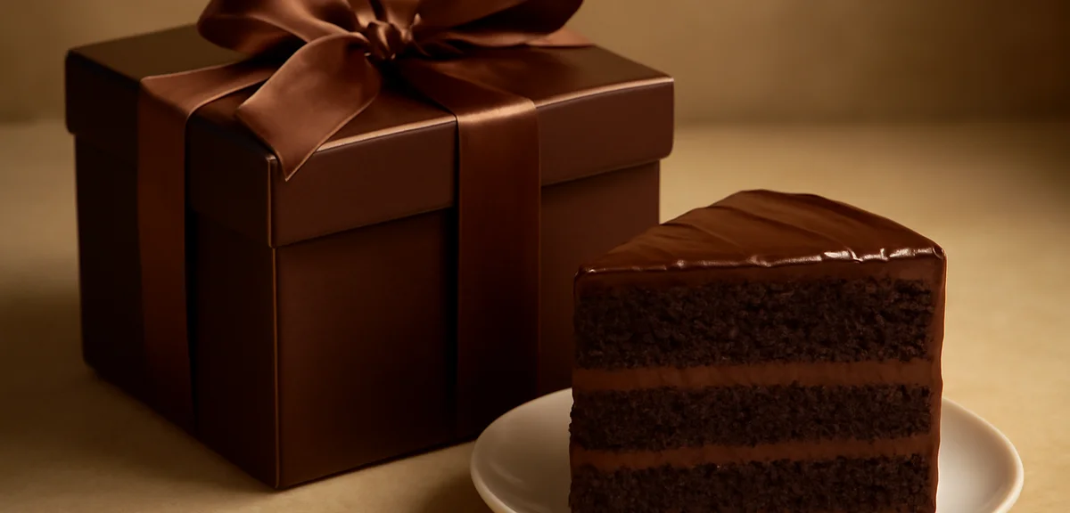 Whole chocolate cake presented as a gift box, elegant packaging beside a cut slice showing layers, g