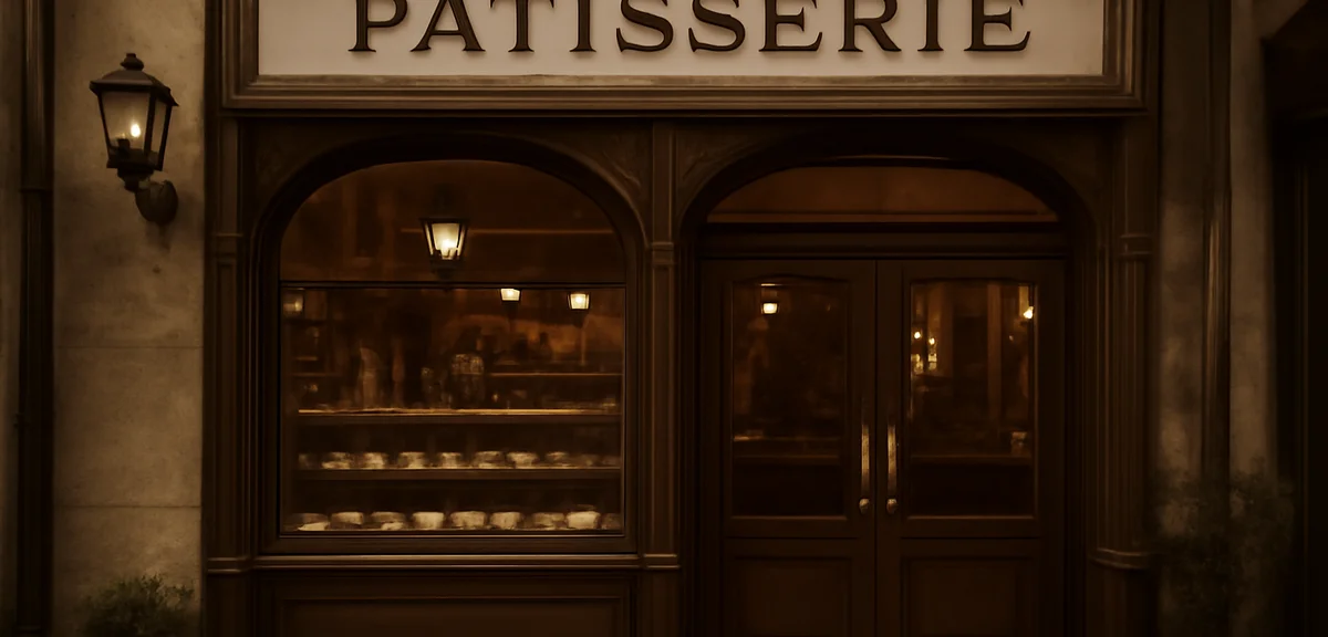 Historical style patisserie storefront in Hakata Fukuoka, warm inviting entrance, classic chocolate 