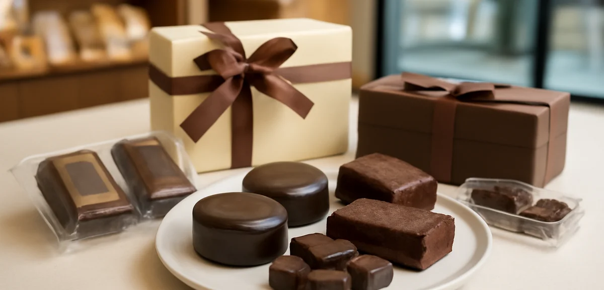 Assortment of Hakata chocolate sweets and cakes as souvenirs, elegant gift packaging, bright clean p