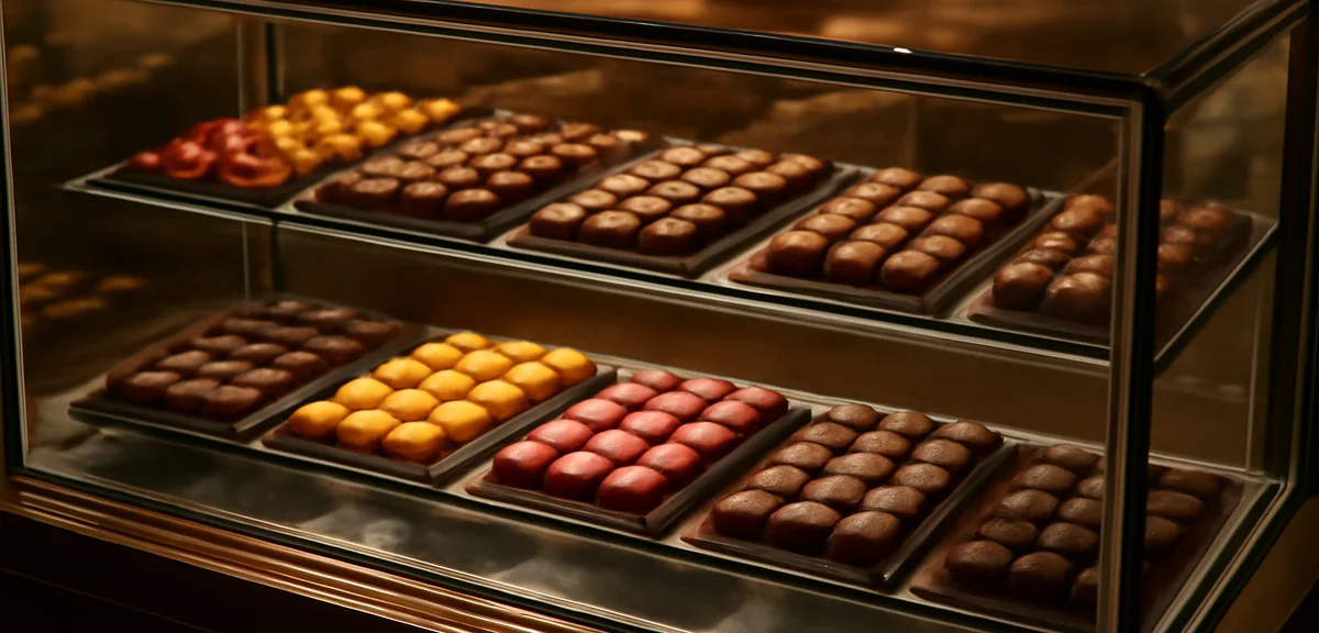Elegant glass display case filled with colorful bonbons and pralines at a Tokyo chocolate boutique, 