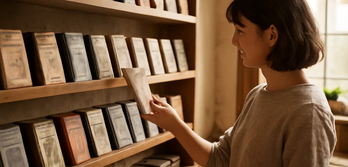 A person browsing artisan chocolate bars at a Bean to Bar workshop shop in Tokyo, shelves of single 