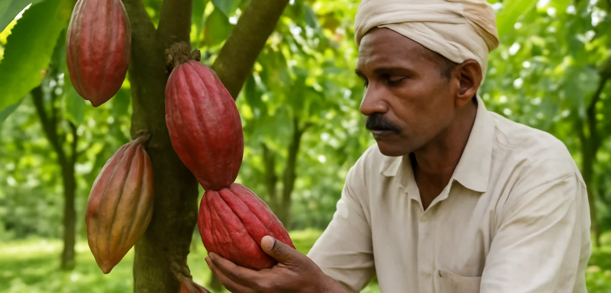Cacao pods growing on trees in a lush South Indian plantation, farmer inspecting the pods, tropical 