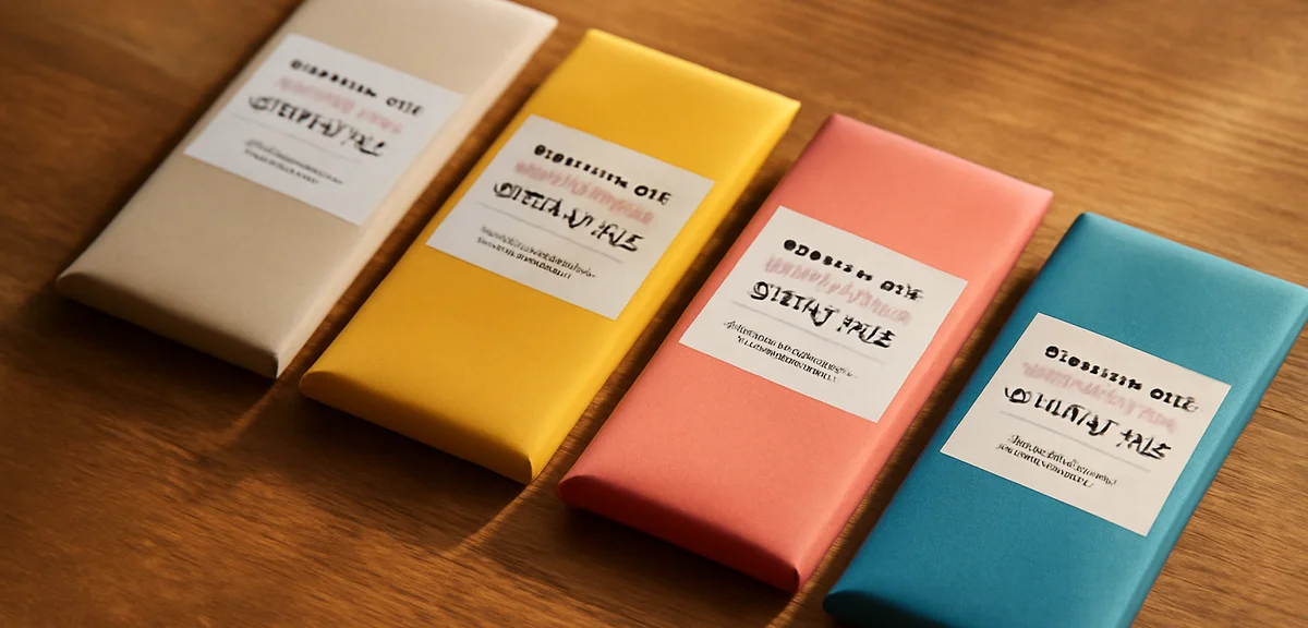 Artisan Indian bean to bar chocolate bars with minimalist colorful packaging displayed on a wooden s
