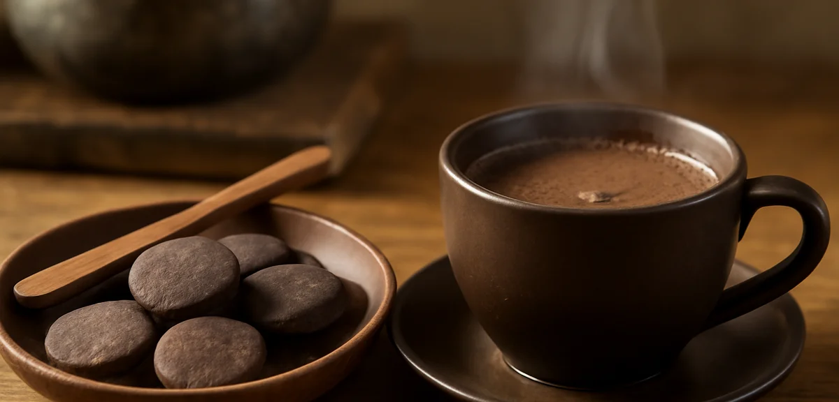 Traditional Filipino tablea chocolate discs and a wooden stirrer, a steaming cup of sikwate hot choc