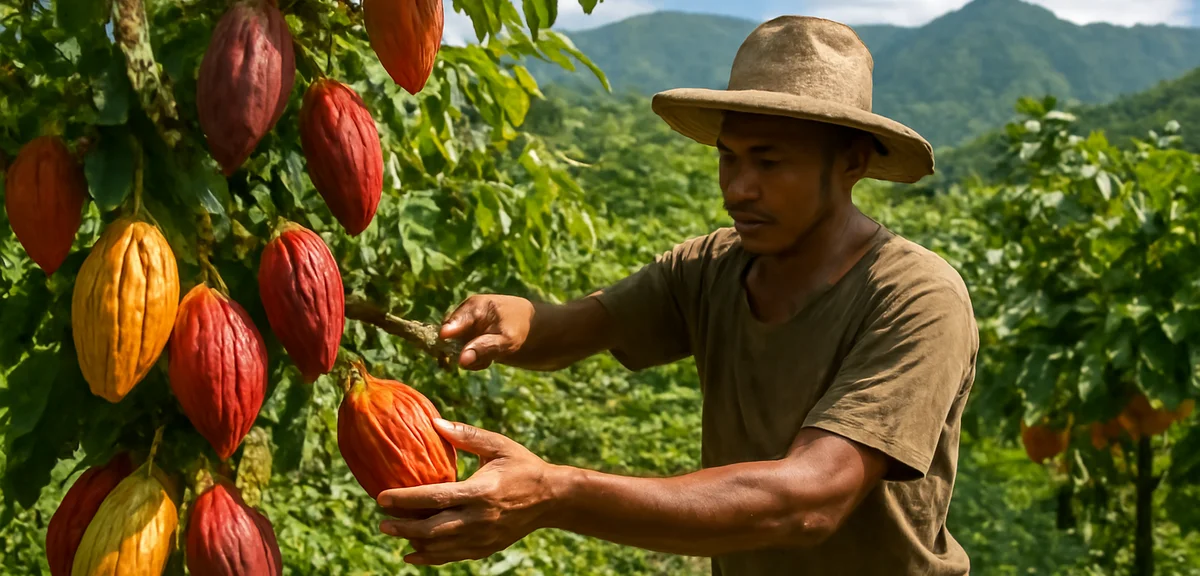 Cacao farm in Davao Philippines with ripe colorful pods, a farmer harvesting, lush tropical mountain