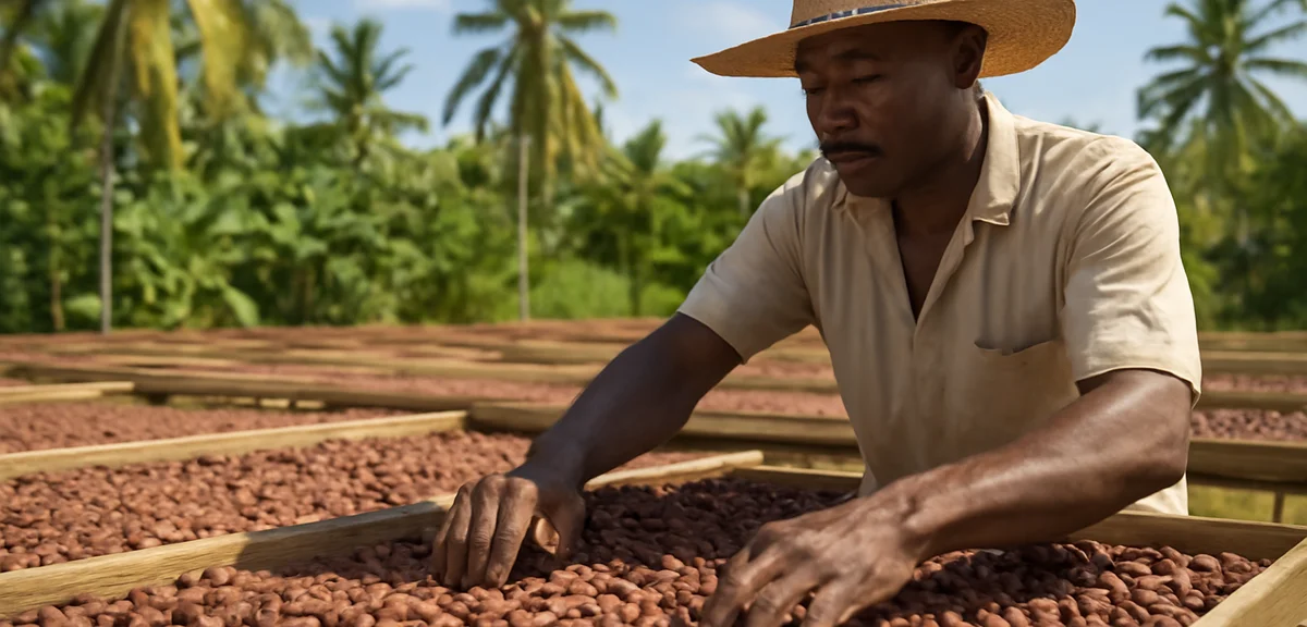 Organic cacao beans drying in the Caribbean sun on wooden platforms, a Dominican farmer tending the 