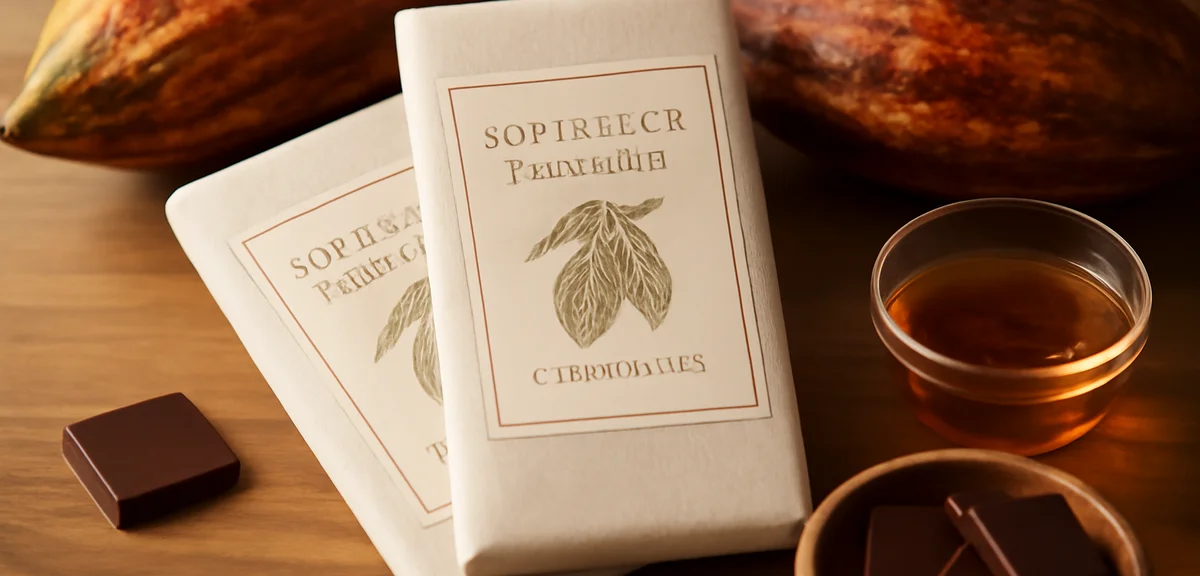 Single origin Dominican Republic chocolate bars with elegant origin labels, cacao pods beside them, 