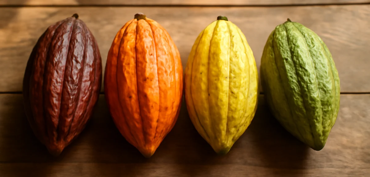 Comparison of different cacao pod varieties in various colors on a wooden surface, illustrating caca